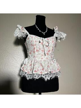 Y2K Floral Lace Trim Corset Top Cottagecore Coquette Ruffle Cami